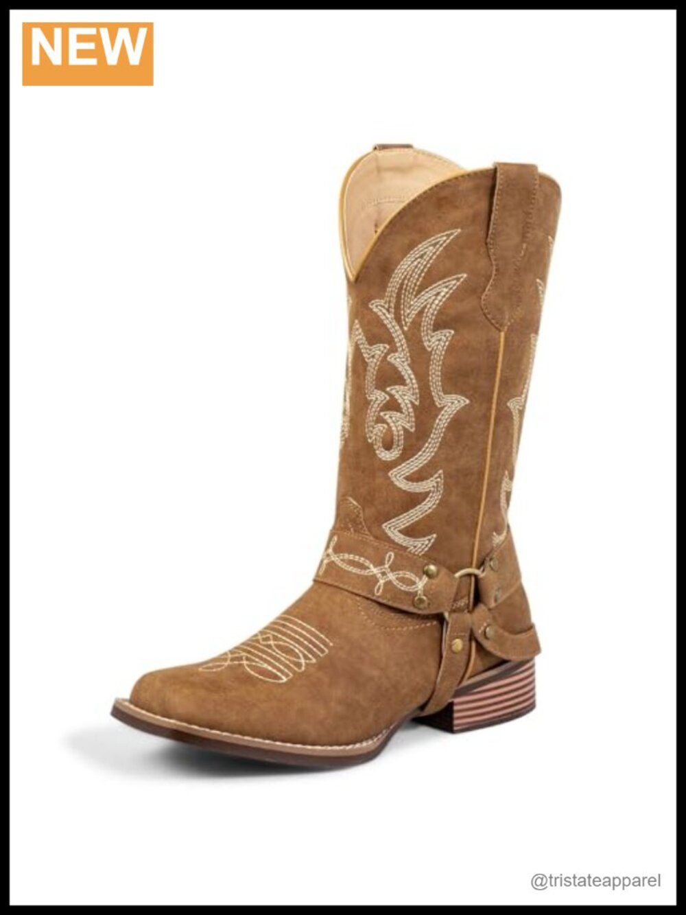 Faux Leather Square Toe Cowboy Boots Wide Calf Western Embroidered